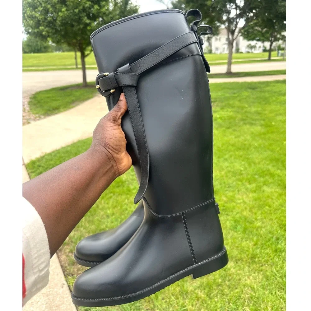 Burberry Black Rubber Rain‎ Boots Check Lined Buckle Strap Riding Boots Size 40